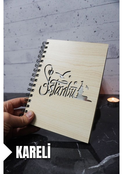 Istanbul Temalı Ahşap Kapaklı Defter - Kareli Defter - Ajanda - Okul Defteri (A5 - 120 Sayfa)