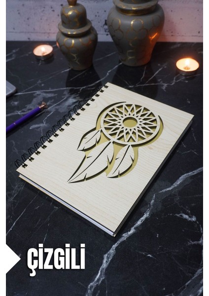 Rüya Kapanı Temalı Ahşap Kapaklı Defter - Çizgili Defter - Ajanda - Okul Defteri (A5 - 120 Sayfa)