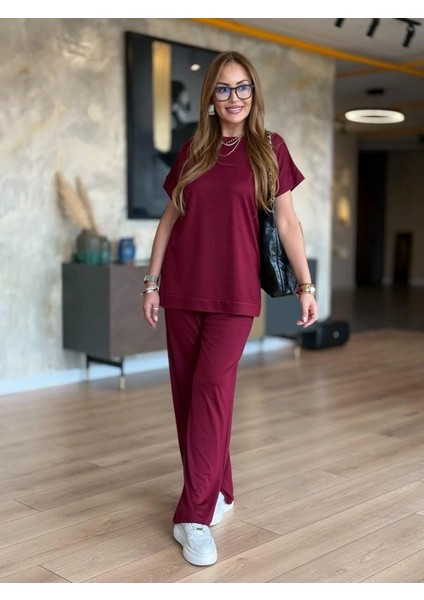 Kadın Kısa Kollu Bisiklet Yaka Viskon Iki Iplik Bluz ve Pantolon Ikili Takım fırsatları