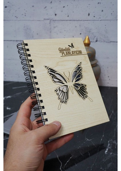 Kelebek Tasarım Ahşap Plan Defteri - Süresiz Ajanda - Günlük Planlayıcı - A5 Planlama Defteri