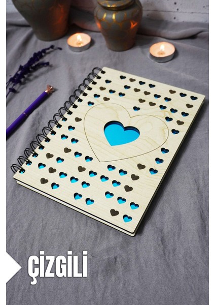 Kalp Desenli Ahşap Kapaklı Defter - Çizgili Defter - Ajanda - Okul Defteri (A5 - 120 Sayfa)