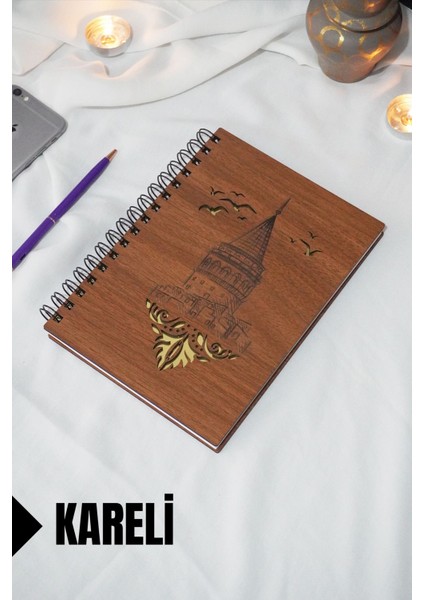 Galata Kulesi Temalı Ahşap Kapaklı Defter - Kareli Defter - Ajanda - Okul Defteri (A5 - 120 Sayfa)