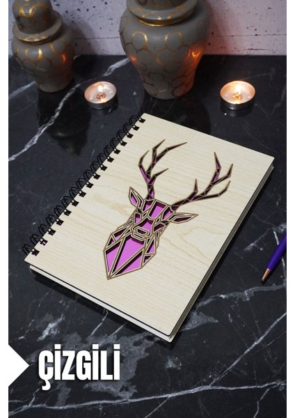 Geyik Figürlü Ahşap Kapaklı Defter - Çizgili Defter - Ajanda - Okul Defteri (A5 - 120 Sayfa)