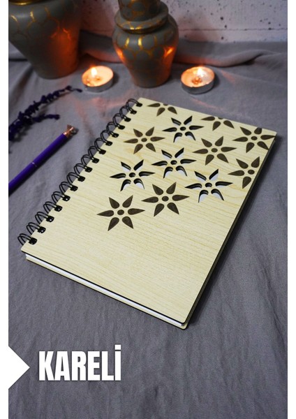 Çiçek Desenli Ahşap Kapaklı Defter - Kareli Defter - Ajanda - Okul Defteri (A5 - 120 Sayfa)
