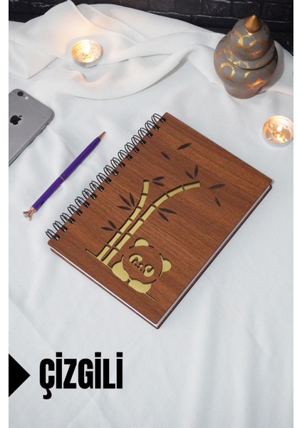 Panda Temalı Ahşap Kapaklı Defter - Çizgili Defter - Ajanda - Okul Defteri (A5 - 120 Sayfa)