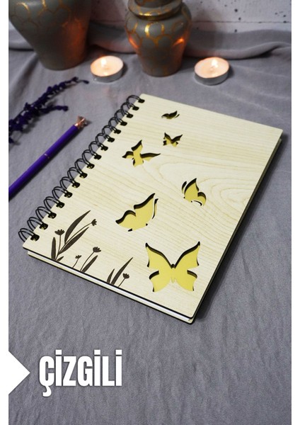 Kelebek Desenli Ahşap Kapaklı Defter - Çizgili Defter - Ajanda - Okul Defteri (A5 - 120 Sayfa)