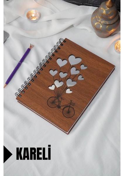 Bisiklet Balon Temalı Ahşap Kapaklı Defter - Kareli Defter - Ajanda - Okul Defteri (A5 - 120 Sayfa)