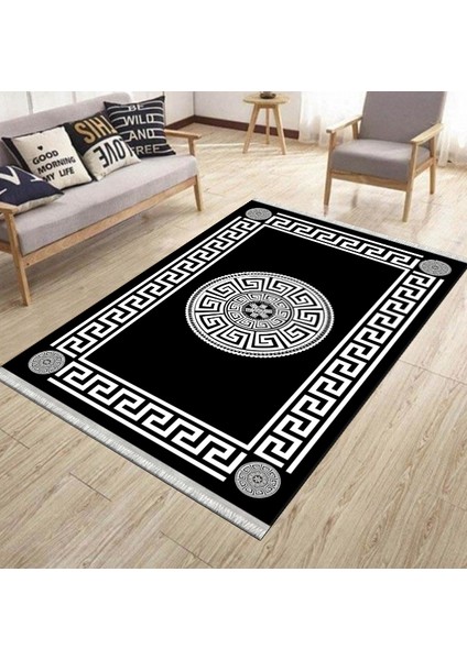 Siyah Dekoratif Halı Kaymaz Tabanlı Makinede Yıkanabilir Kilim Dot Tabanlı Salon Halısı 3128G