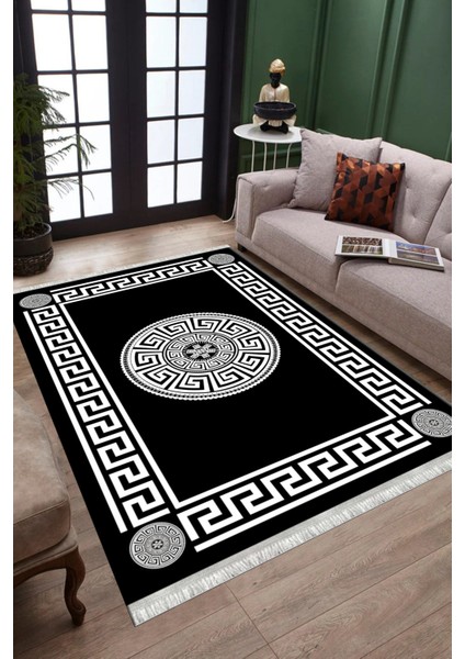 Siyah Dekoratif Halı Kaymaz Tabanlı Makinede Yıkanabilir Kilim Dot Tabanlı Salon Halısı 3128G modelleri