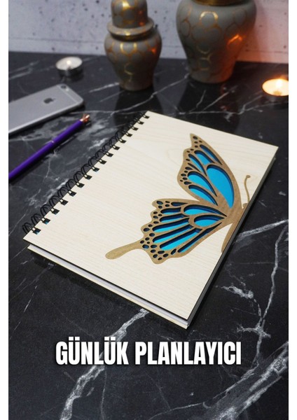 Kelebek Tasarım Ahşap Kapaklı Günlük Planlayıcı - Süresiz Ajanda - Tarihsiz A5 Planlama Defteri
