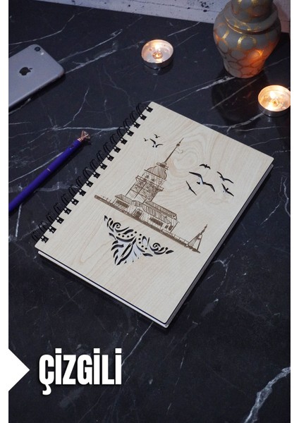 Kız Kulesi Temalı Ahşap Kapaklı Defter - Çizgili Defter - Ajanda - Okul Defteri (A5 - 120 Sayfa)