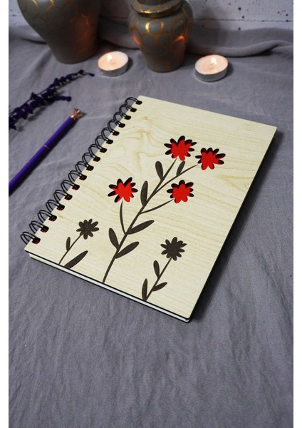 Çiçek Desenli Ahşap Kapaklı Defter - Çizgisiz Defter - Günlük - Ajanda-Hediyelik-A5 Anı Defteri