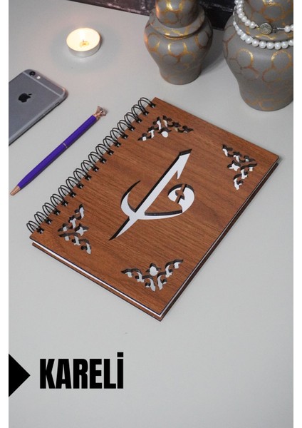 Elif Vav Desenli Ahşap Kapaklı Defter - Kareli Defter - Ajanda - Okul Defteri (A5 - 120 Sayfa)