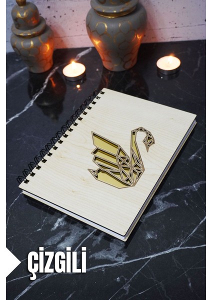 Kuğu Temalı Ahşap Kapaklı Defter - Çizgili Defter - Ajanda - Okul Defteri (A5 - 120 Sayfa)