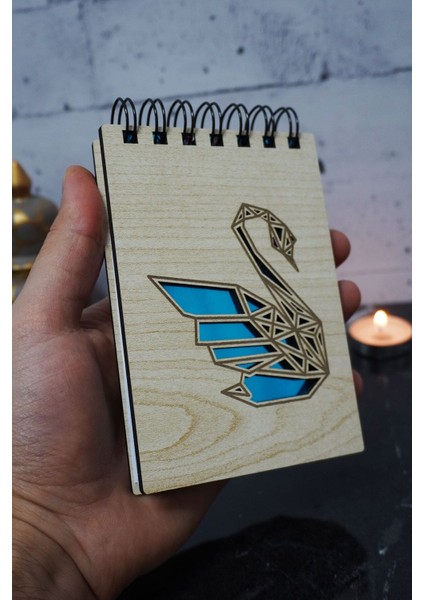 Kuğu Temalı Ahşap Kapaklı Not Defteri - Mini Defter - Cep Defteri - Benim Listem