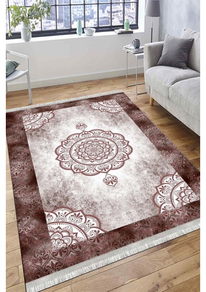 Bordo Göbekli Desen Kaymaz Taban Halı Makinede Yıkanabilir Kilim Dot Tabanlı Halı 3019C fiyatları