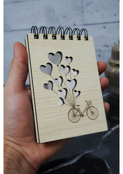 Bisiklet Balon Temalı Ahşap Kapaklı Not Defteri - Mini Defter - Cep Defteri - Benim Listem