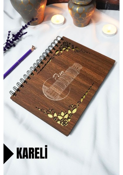 Pizza Kulesi Ahşap Kapaklı Spiralli Defter - Kareli Defter - 60 Yaprak (120 Sayfa) - A5 15X21 cm