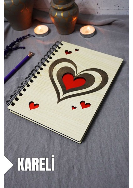 Kalp Desenli Ahşap Kapaklı Defter - Kareli Defter - Ajanda - Okul Defteri (A5 - 120 Sayfa)