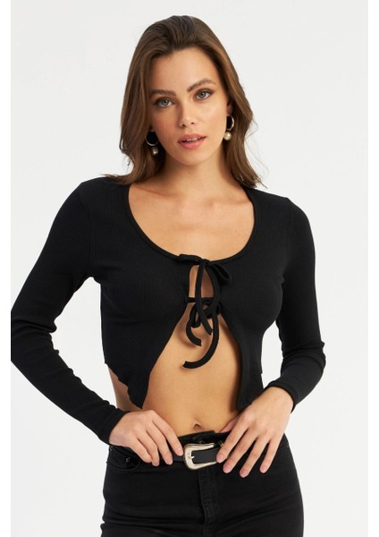 Kadın Siyah Önü Bağlamalı Kaşkorse Crop Bluz AYD381 fiyatları