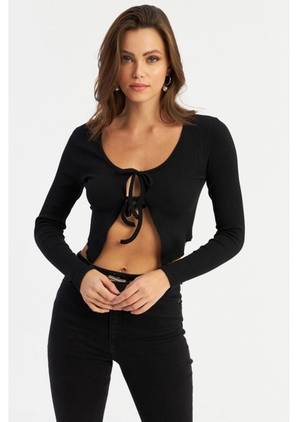 Kadın Siyah Önü Bağlamalı Kaşkorse Crop Bluz AYD381 modelleri