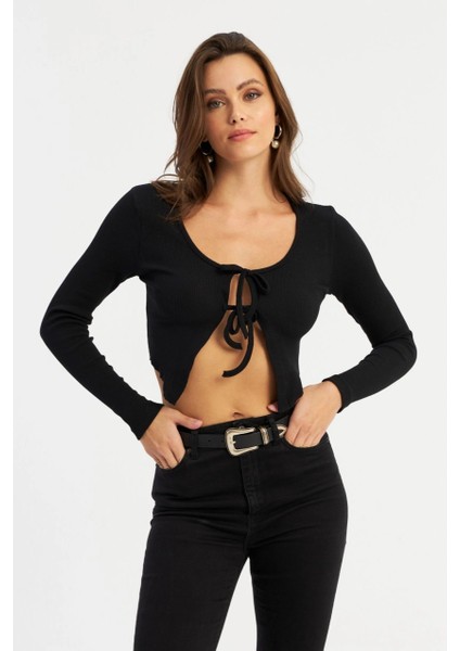Kadın Siyah Önü Bağlamalı Kaşkorse Crop Bluz AYD381 fırsatları