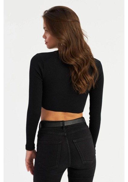 Kadın Siyah Önü Bağlamalı Kaşkorse Crop Bluz AYD381 indirimleri