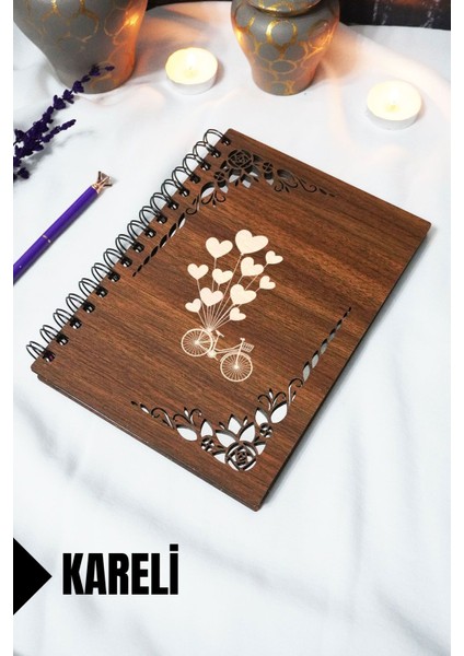 Bisiklet Balon Ahşap Kapaklı Defter - Kareli Defter - 60 Yaprak (120 Sayfa) - A5 15X21 cm