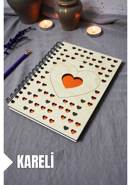 Kalp Desenli Ahşap Kapaklı Defter - Kareli Defter - Ajanda - Okul Defteri (A5 - 120 Sayfa)