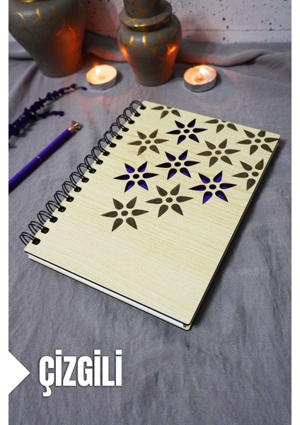 Çiçek Desenli Ahşap Kapaklı Defter - Çizgili Defter - Ajanda - Okul Defteri (A5 - 120 Sayfa)