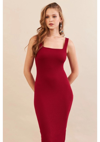 Kadın Bordo Kare Yaka Midi Elbise DMR295-90 modelleri