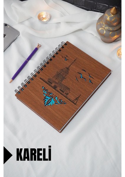Kız Kulesi Temalı Ahşap Kapaklı Defter - Kareli Defter - Ajanda - Okul Defteri (A5 - 120 Sayfa)