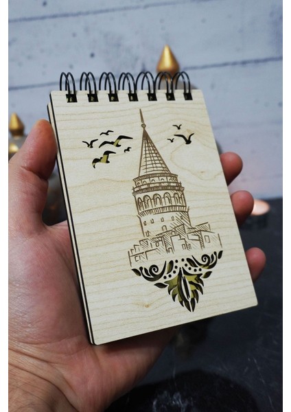 Galata Kulesi Temalı Ahşap Kapaklı Not Defteri - Mini Defter - Cep Defteri - Benim Listem