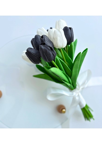 13'lü Siyah Beyaz Yapay Lale Buketi, Dekoratif Masa-Hediye Aranjmanı, Beşiktaş Temalı, Kedi Biblo Hediyeli modelleri