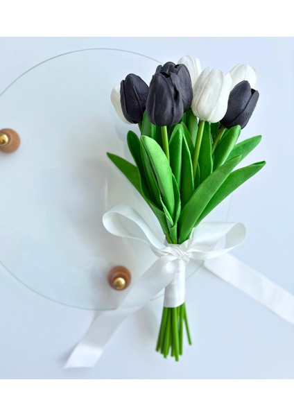 13'lü Siyah Beyaz Yapay Lale Buketi, Dekoratif Masa-Hediye Aranjmanı, Beşiktaş Temalı, Kedi Biblo Hediyeli fırsatları