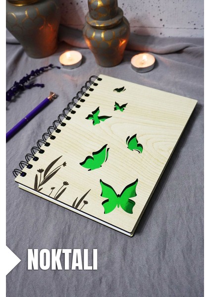 Kelebek Desenli Ahşap Kapaklı Defter - Noktalı Defter - Ajanda - Okul Defteri (A5 - 120 Sayfa)