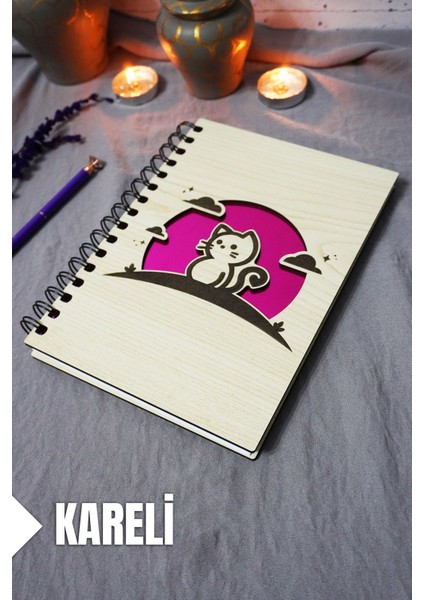Kedi Desenli Ahşap Kapaklı Defter - Kareli Defter - Ajanda - Okul Defteri (A5 - 120 Sayfa)
