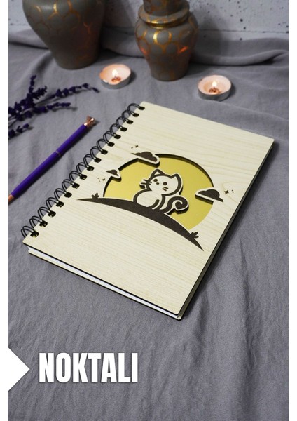 Kedi Desenli Ahşap Kapaklı Defter - Noktalı Defter - Ajanda - Okul Defteri (A5 - 120 Sayfa)