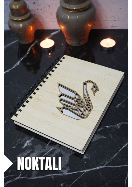 Kuğu Temalı Ahşap Kapaklı Defter - Noktalı Defter - Ajanda - Okul Defteri (A5 - 120 Sayfa)
