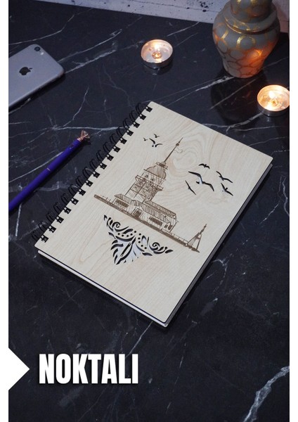 Kız Kulesi Temalı Ahşap Kapaklı Defter - Noktalı Defter - Ajanda - Okul Defteri (A5 - 120 Sayfa)