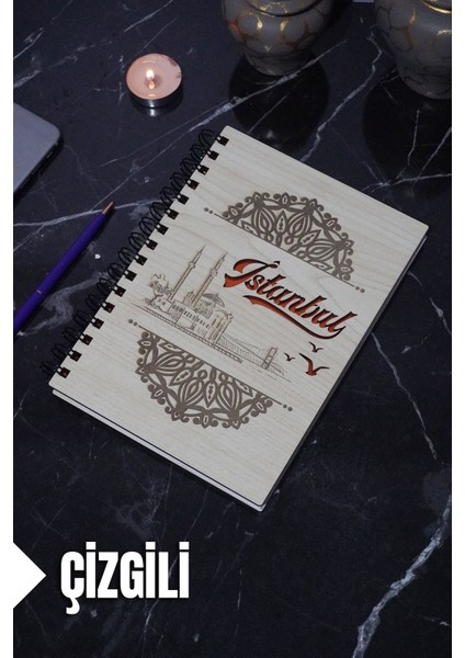 Istanbul Temalı Ahşap Kapaklı Defter - Çizgili Defter - Ajanda - Okul Defteri (A5 - 120 Sayfa)