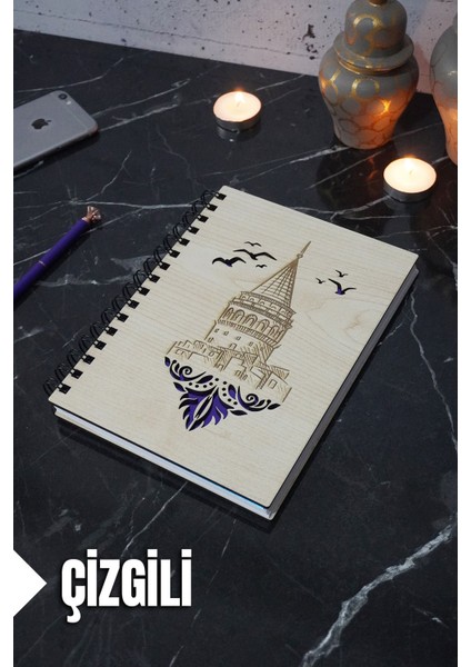 Galata Kulesi Temalı Ahşap Kapaklı Defter - Çizgili Defter - Ajanda - Okul Defteri (A5 - 120 Sayfa)