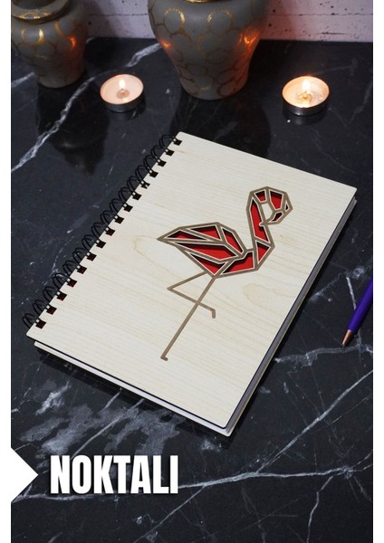 Flamingo Temalı Ahşap Kapaklı Defter - Noktalı Defter - Ajanda - Okul Defteri (A5 - 120 Sayfa)