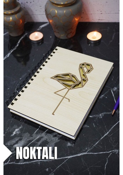 Flamingo Temalı Ahşap Kapaklı Defter - Noktalı Defter - Ajanda - Okul Defteri (A5 - 120 Sayfa)