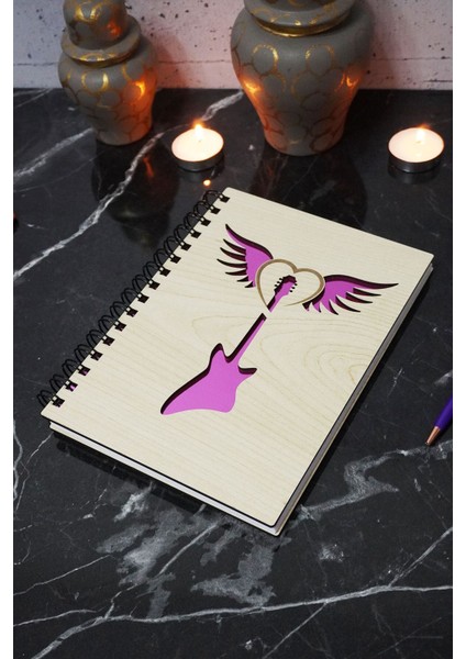 Gitar Kanat Temalı Ahşap Kapaklı Defter - Çizgisiz Defter - Günlük - Ajanda- A5 Anı Defteri