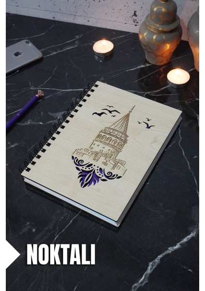 Galata Kulesi Temalı Ahşap Kapaklı Defter - Noktalı Defter - Ajanda - Okul Defteri (A5 - 120 Sayfa)