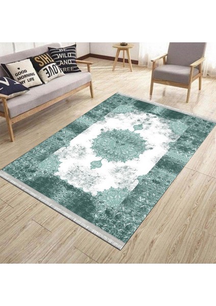 Klasik Desenli Yeşil Makinede Yıkanabilir Kilim Kaymaz Dot Tabanlı Oturma Odası Halısı 3029A