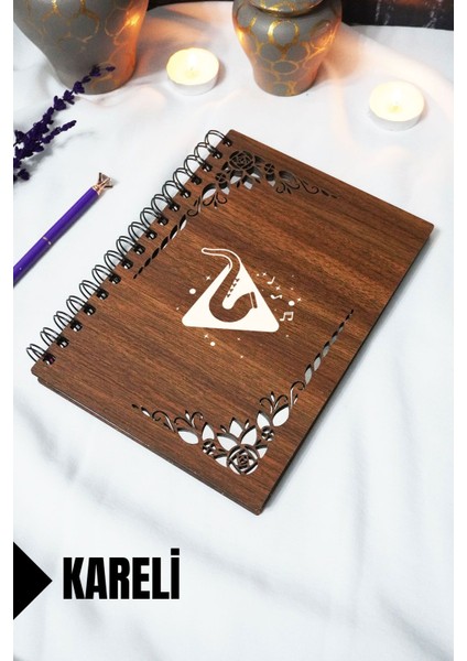 Müzik Tasarımlı Ahşap Kapaklı Defter - Kareli Defter - 60 Yaprak (120 Sayfa) - A5 15X21 cm