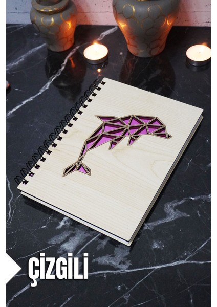 Yunus Balığı Temalı Ahşap Kapaklı Defter - Çizgili Defter - Ajanda - Okul Defteri (A5 - 120 Sayfa)