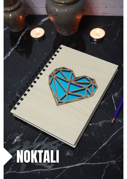 Kalp Temalı Ahşap Kapaklı Defter - Noktalı Defter - Ajanda - Okul Defteri (A5 - 120 Sayfa)